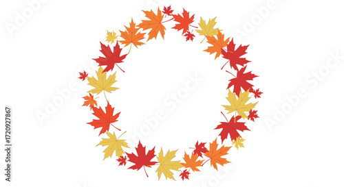 A circular wreath of colorful maple leaves in autumn hues.