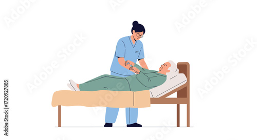 A caregiver gently assists an elderly patient lying in a hospital bed with their treatment.