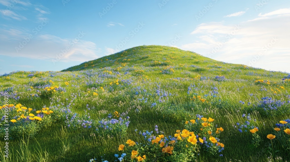 Fototapeta premium Sunny meadow atop a gentle, grassy hill