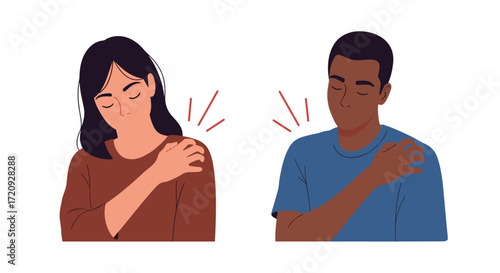Two people experiencing shoulder pain relief and discomfort after exercise or injury.