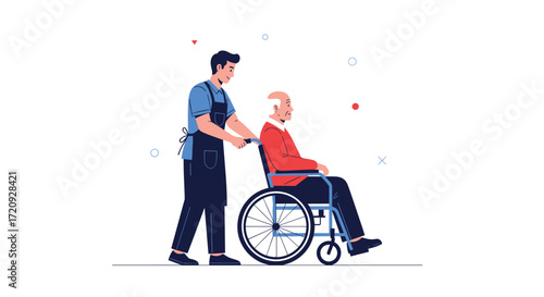 A young caregiver is pushing an elderly man in a wheelchair with a smile on his face.