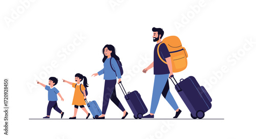 A happy family with luggage walking together on a trip adventure.