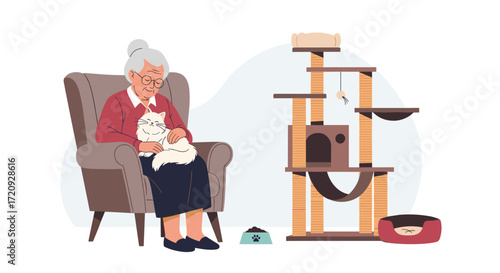Elderly woman enjoys her furry feline companion and a tall cat tree with toys and bedding.
