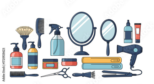 A collection of professional hair care and styling tools and accessories for a salon.