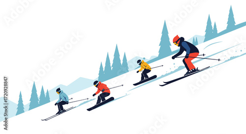 Four skiers race down a snowy mountain slope surrounded by pine trees.