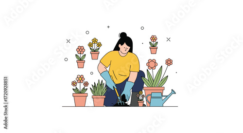 A person tending to a beautiful garden with potted flowers and a watering can.