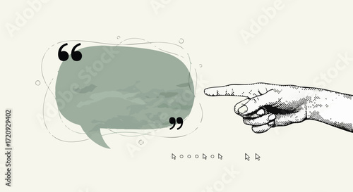 Illustration of a hand pointing towards a speech bubble, suggesting a quote or statement.
