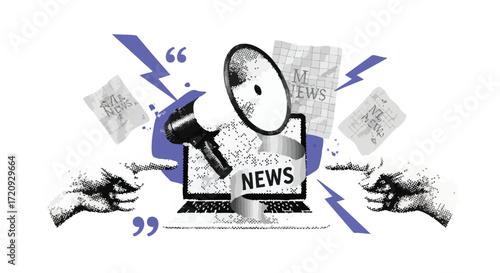 Illustration of a laptop with the word 'NEWS' on the screen, a megaphone, and hands pointing at the screen.