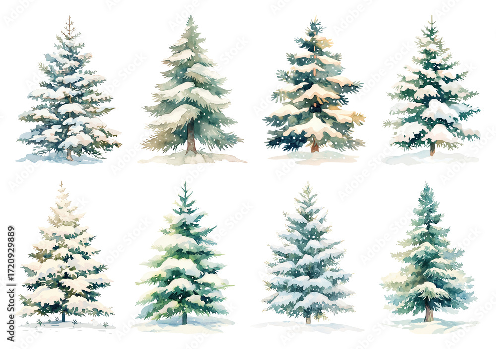 Obraz premium Watercolor snowy evergreen trees