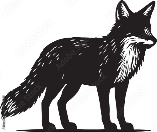 Stylized black and white illustration of a standing fox with a bushy tail and alert ears