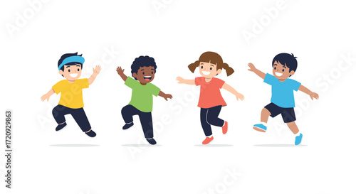 Diverse group of happy children joyfully jumping and playing together outdoors in a vibrant and energetic scene.