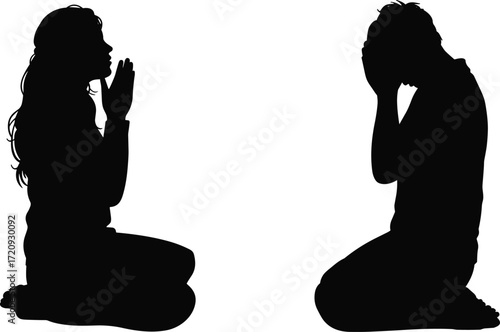 Emotional silhouette of kneeling figures, praying posture, sorrow gesture, human connection, black vector icons, expressive pose, flat vector illustration