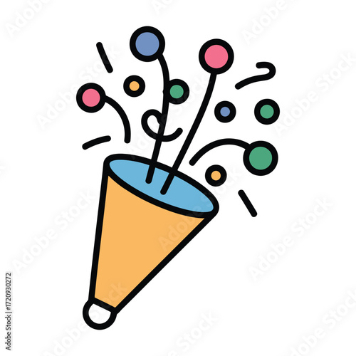 Illustration of a party popper with colorful confetti the popper is yellow and blue celebration and festive concept