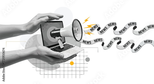 Digital marketing concept with laptop, megaphone, and news banners.