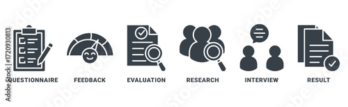 Survey icon set vector concept with icon of questionnaire, feedback, evaluation, research, interview, result 