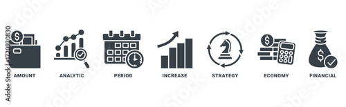 Sales growth con set vector concept with icon of amount, analytic, period, increase, strategy, economy and financial 