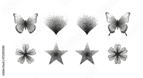 A collection of eight stippled graphic elements including butterflies, abstract shapes, stars, and flowers.