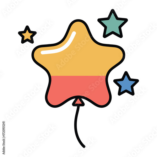 A delightful handdrawn illustration of a starshaped balloon with smaller stars floating around, , ideal for adding a whimsical touch