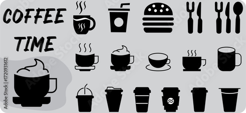 Coffee cup web icons. Coffee paper cup, plastic container for hot and cold drink, juice, tea. Disposable cup.Vector illustration
