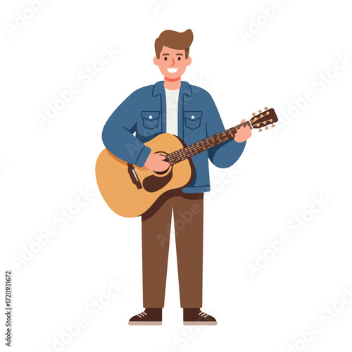 Musician playing guitar with blue jacket and brown pants perfect for music posters, album covers, music websites, and instrument advertisements.