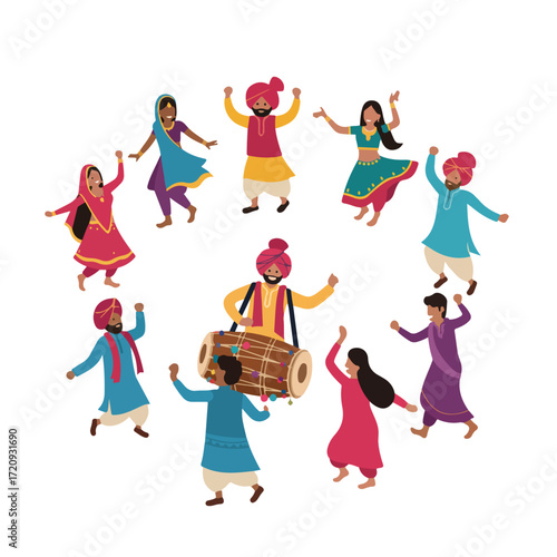 Group of people dancing in indian attire around a drum. Perfect for cultural events, diversity, dance performances, indian traditions illustrations.