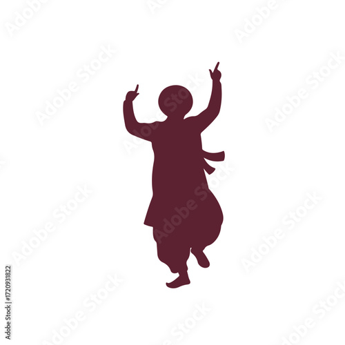 Maroon silhouette in traditional dress gestures upward. Suitable for cultural events promotions, diversity concept graphics, and educational materials design.