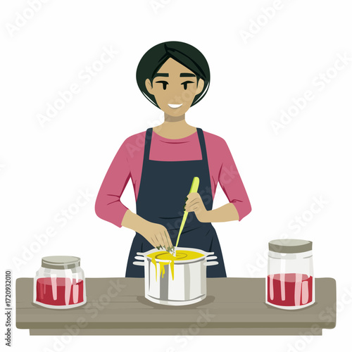 Woman happily stirring homemade jam in a saucepan, preparing preserves.