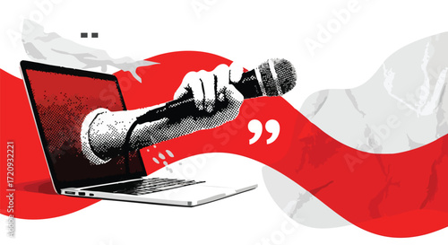 A hand holding a microphone emerges from a laptop screen, symbolizing online broadcasting, podcasting, and digital journalism.