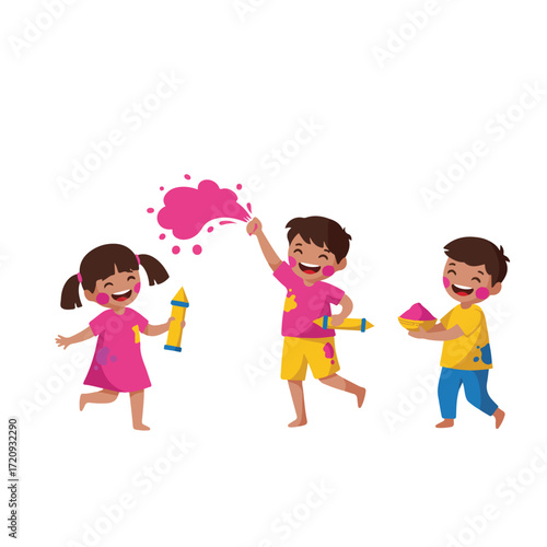Three children joyfully celebrate holi with colorful powder, perfect for cultural events, diversity, festivals, and joyful childhood themes in design projects.