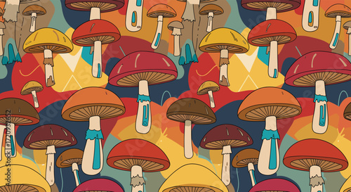 A whimsical pattern featuring an assortment of colorful mushrooms in various sizes and hues.
