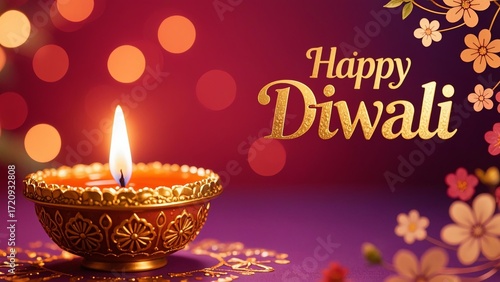 Wallpaper Mural Traditional clay diya with golden floral patterns, lit flame on deep red-purple gradient background, soft bokeh lights and subtle henna designs; 'Happy Diwali Festival of Lights' in elegant gold font Torontodigital.ca