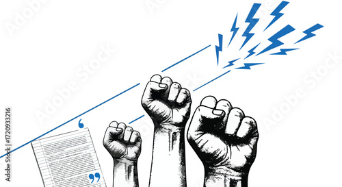 Three raised fists symbolizing protest and power, with a document and lightning bolts representing communication and ideas.