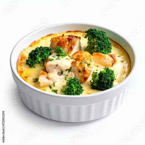 Delicious chicken and broccoli casserole dish in creamy sauce on white background