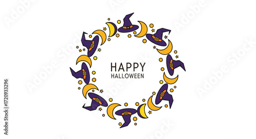 A festive circular illustration featuring witch hats and crescent moons wishing everyone a happy halloween.