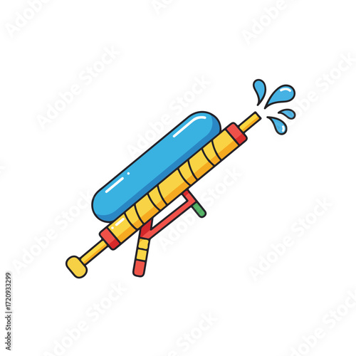 Water gun shooting colorful water, perfect for summer advertising, kids party invitations, and playful social media posts. Bright, fun, dynamic.