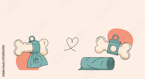 Dog bone shaped dispensers for biodegradable pet waste bags with hearts and rolled bags on a light pink background.