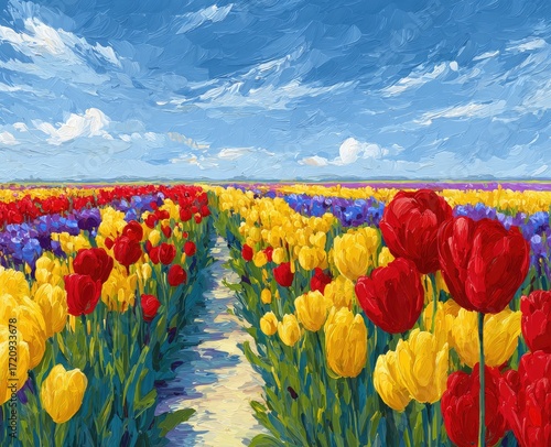 Colorful tulip field path under a bright sky