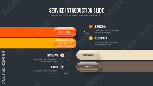 Business Analysis 4 Step Diagram Slideshow Layout. Service Plan Presentation Design Vector Illustration. Enterprise Strategy Four Element Infographic Slide Template.