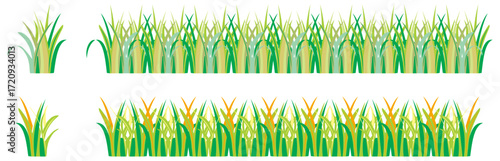 Set of green grass. Set of bunches, bushes, seamless borders of green grass on a white background. cartoon green grasss