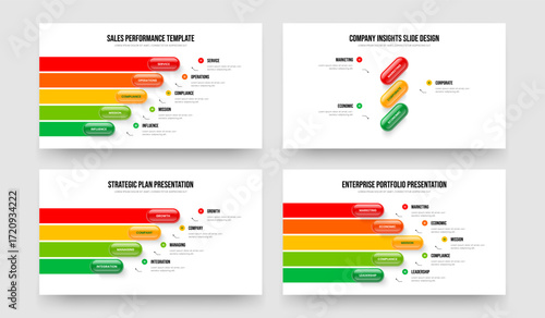 Visual Growth 5 3 4 Option Diagram Slideshow Design Bundle. Enterprise Development Five Three Four Element Infographic Frame Template Vector Illustration Set.