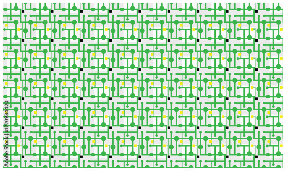 Fototapeta premium Seamless vector pattern inspired by printed circuit boards in light green color. Perfect for tech backgrounds, digital wallpaper, and modern IT design projects.