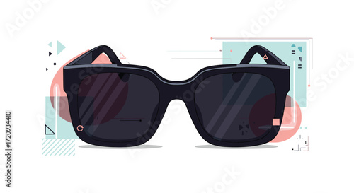 Stylish black sunglasses with a modern geometric abstract background design.