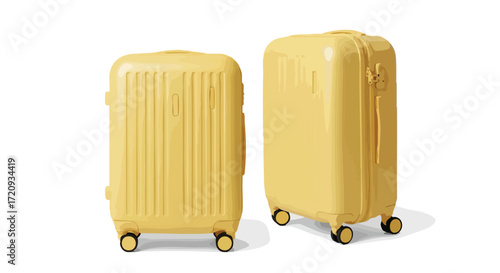 Two identical yellow hard-shell carry-on suitcases with spinner wheels shown from different angles on a white background.