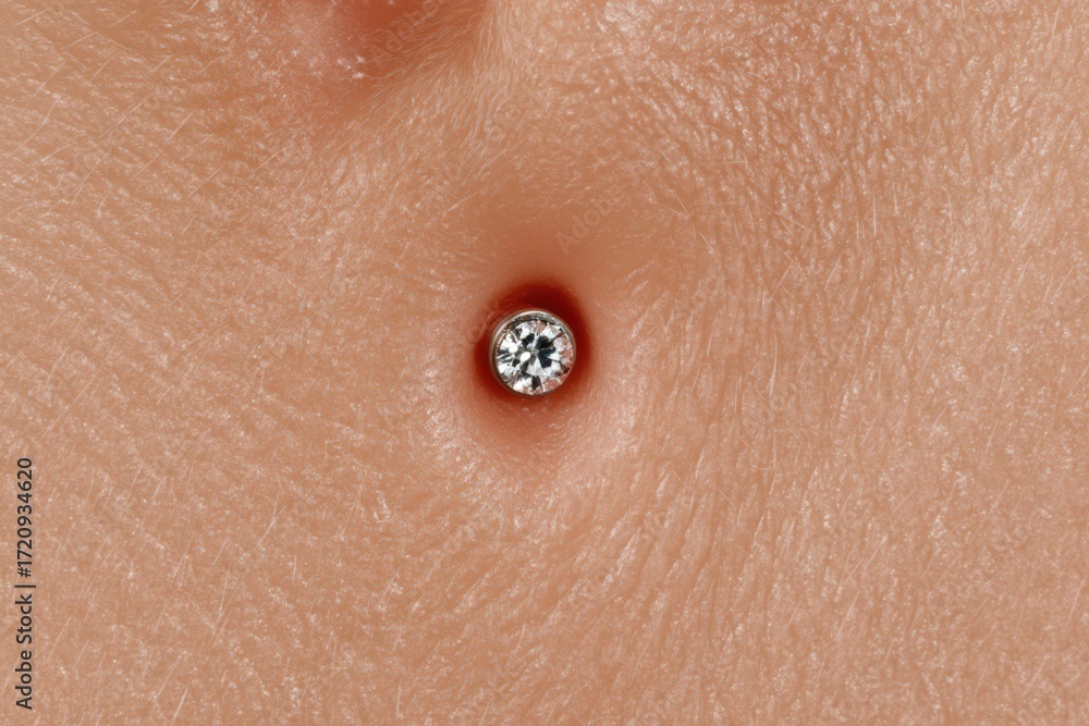 Fototapeta premium Close-up view of a stunning diamond stud placed in a well-defined piercing within smooth skin showcasing intricate textures of epidermis and highlighting personal adornment elegance