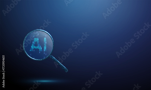 Letters AI inside a magnifying glass. Algorithm analysis, model evaluation, fairness, monitoring, responsibility, accountability, safety concept.
