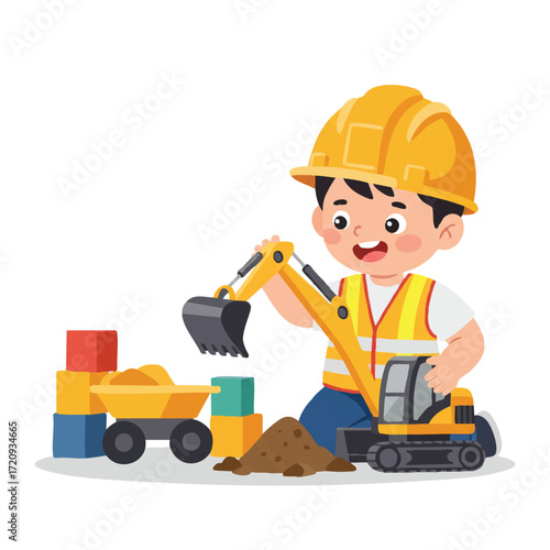 Energetic little boy in yellow hard hat and safety vest plays with toy building blocks and an excavator, imagining a construction site, in vibrant flat 2D vector style.