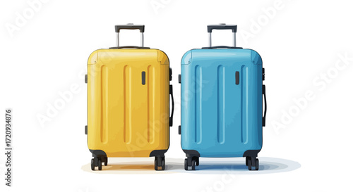 Two colorful rolling suitcases, one yellow and one blue, ready for travel adventures.