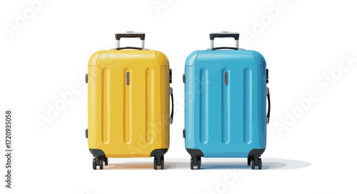 Two suitcases, one yellow and one blue, stand side by side.