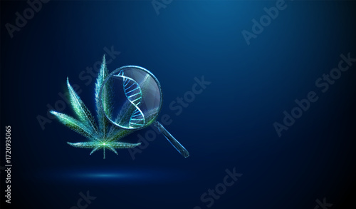 3d cannabis leaf under a magnifying glass with DNA helix inside. Genetic research, biotechnology, molecular biology, cannabinoid profile analysis concept.