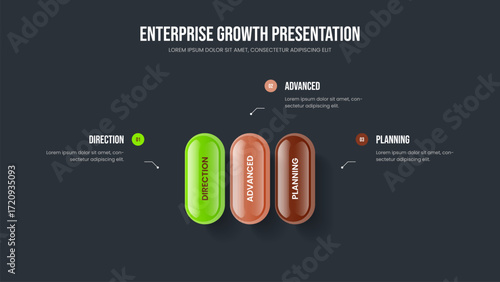 Sales Portfolio 3 Step Infographic Slideshow Layout. Investor Development Three Element Diagram Slide Template. Enterprise Analysis Presentation Design Vector Illustration.